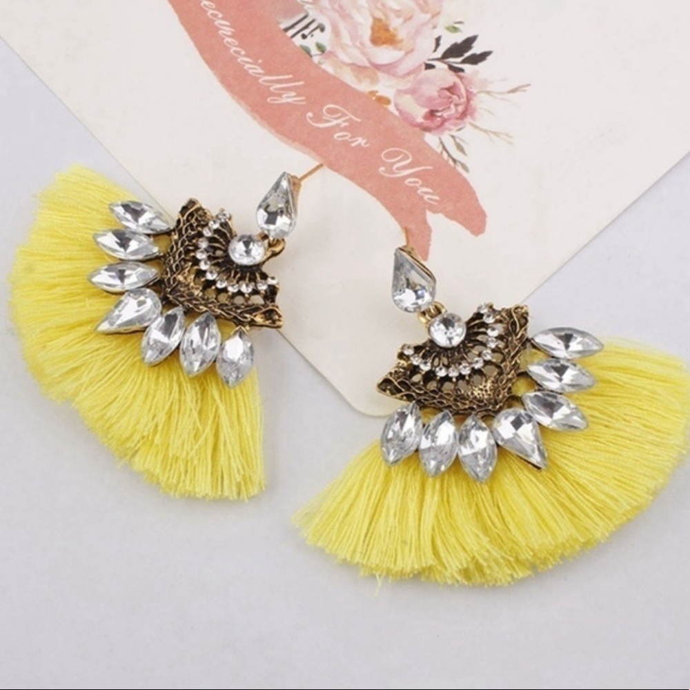 NEW Boho Yellow Tassel Drop Earrings - Picture 1 of 3